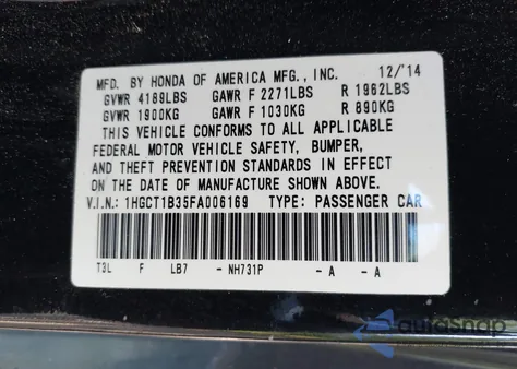 2015 Honda Accord Lx-S из США, поврежденный, VIN 1HGCT1B35FA006169